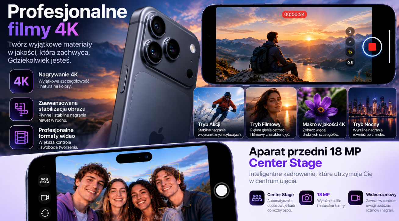Apple iPhone 17 Pro 512 GB – profesjonalne nagrywanie 4K i Center Stage